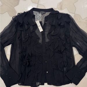 NWT - J. Crew Sheer Button up Women's Black Ruffle Top